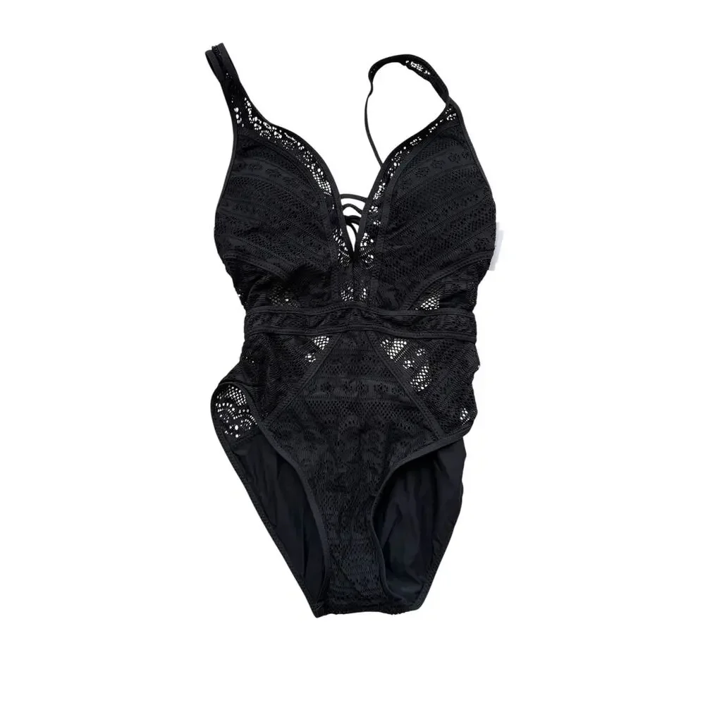 Becca Women's Black Play Crochet Plunge-Neck One-Piece Swimsuit Size L